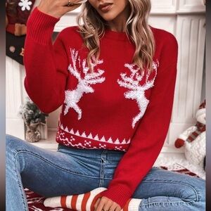 Festive Found Neck Ribbed Knick Drop Shoulder Red Reindeer Sweater